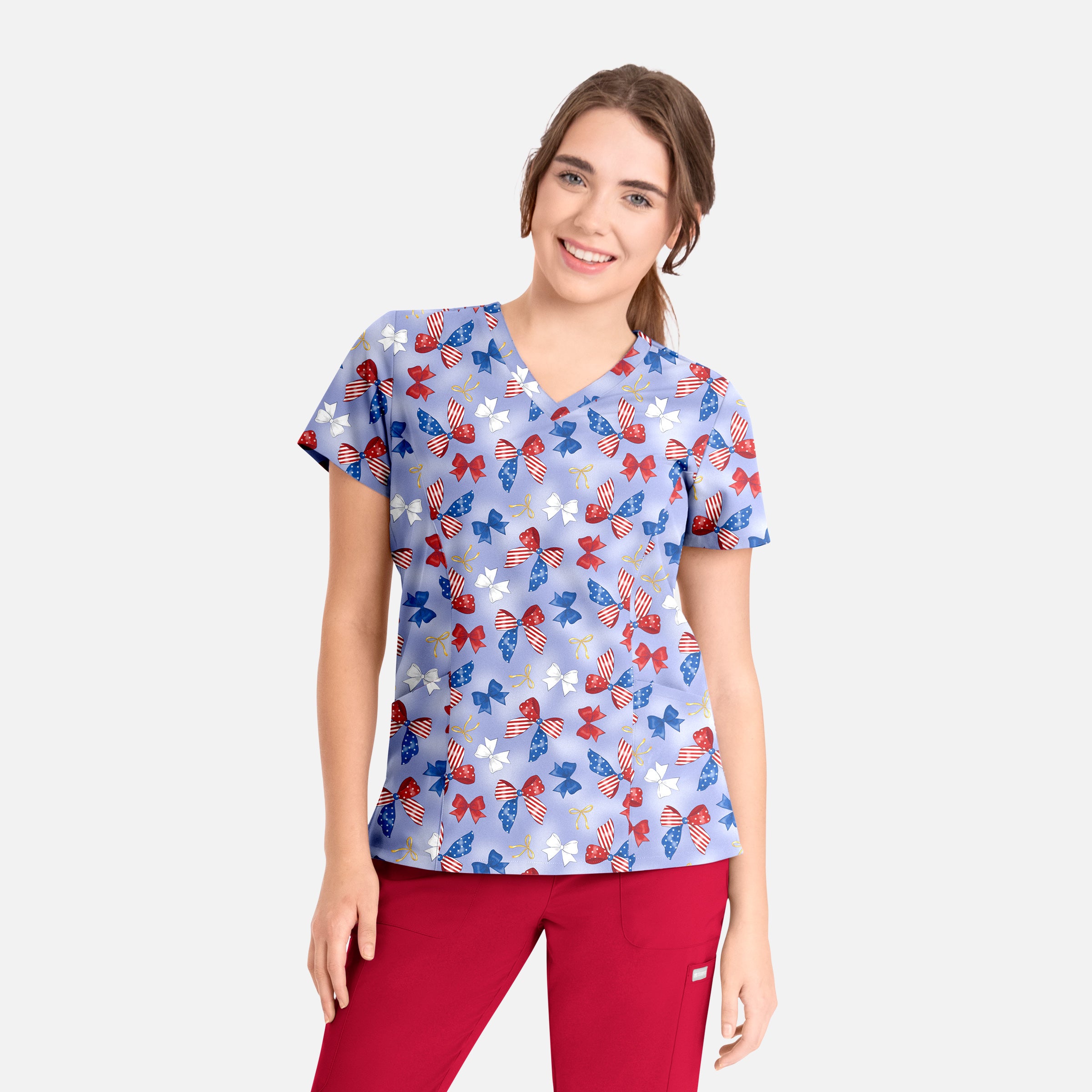 Maevn Prints Women's Scrub Top – Americana Bows (1797)