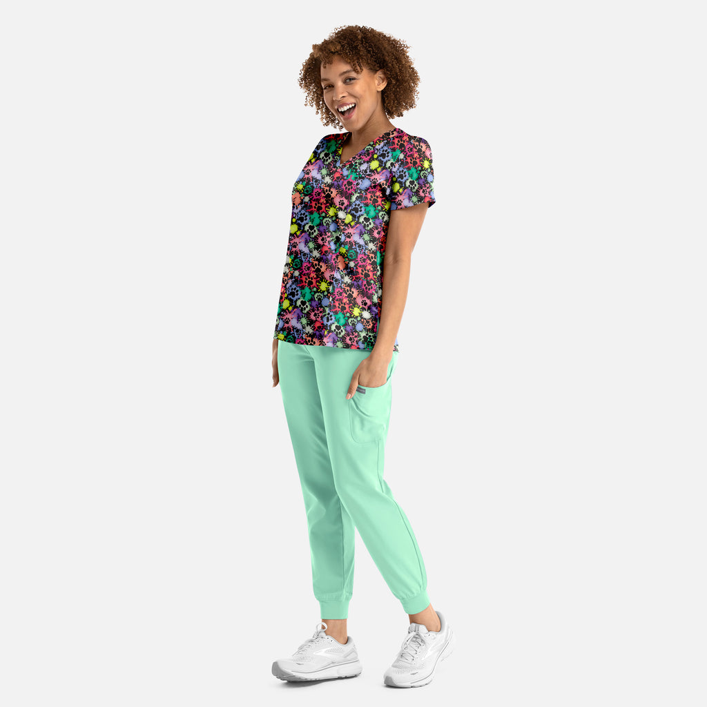 Maevn Prints Women's Scrub Top – Splatter Paws (1797)