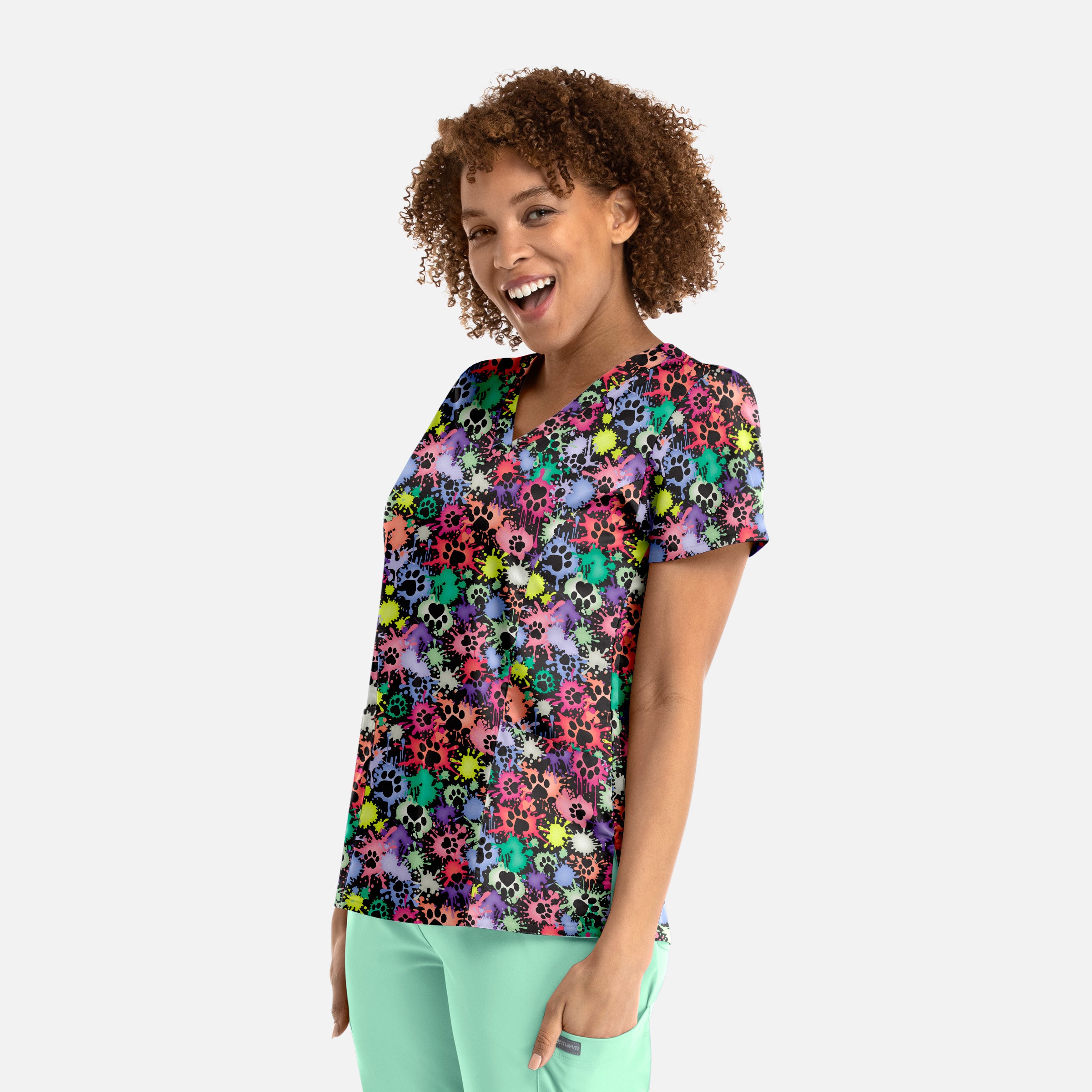 Maevn Prints Women's Scrub Top – Splatter Paws (1797)
