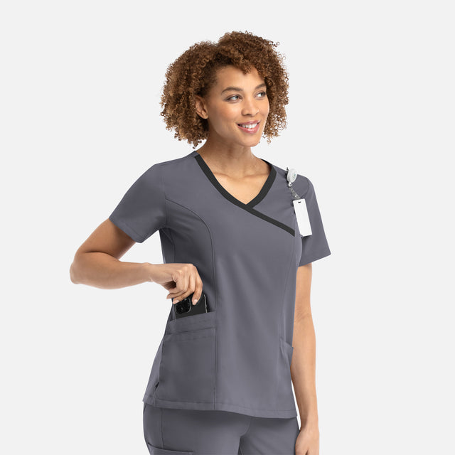 Maevn Momentum Women's Mock Wrap Scrub Top with Contrast Trim 5004