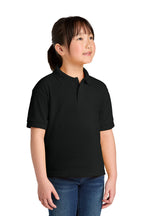 Gildan 8800B youth DryBlend school polo in Black – model front view