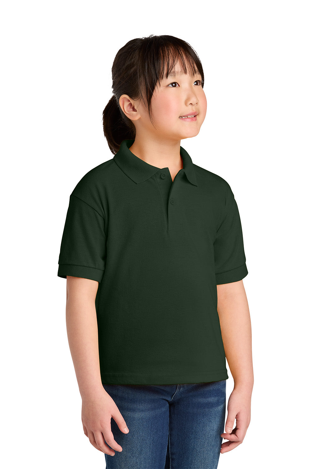 Gildan 8800B youth DryBlend school polo in Forest Green – model front view
