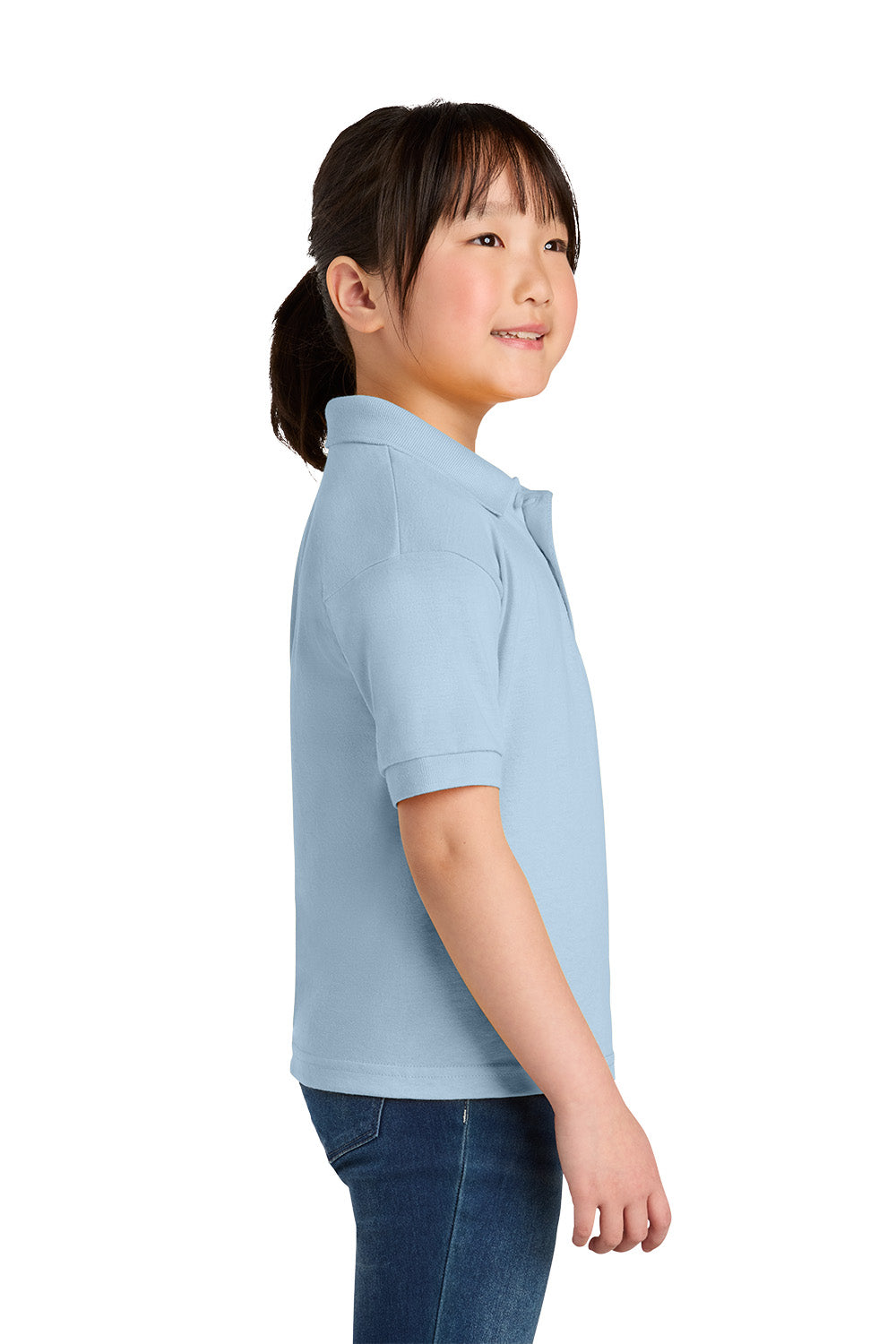 Gildan 8800B youth DryBlend school polo in Light Blue – model side view