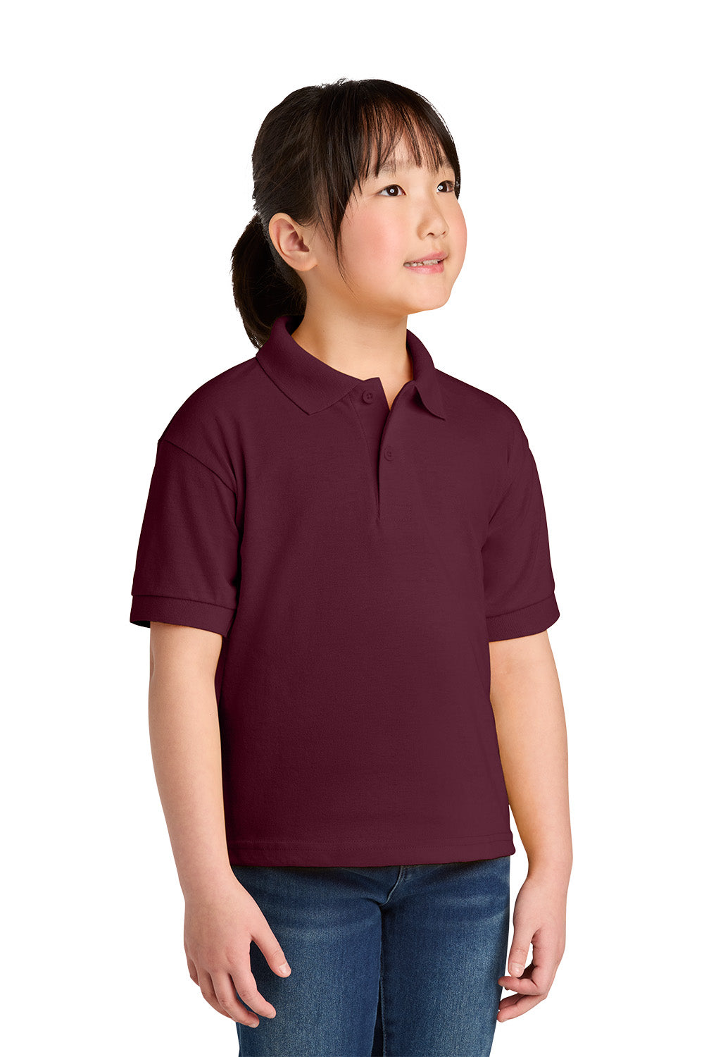 Gildan 8800B youth DryBlend school polo in Maroon – model front view