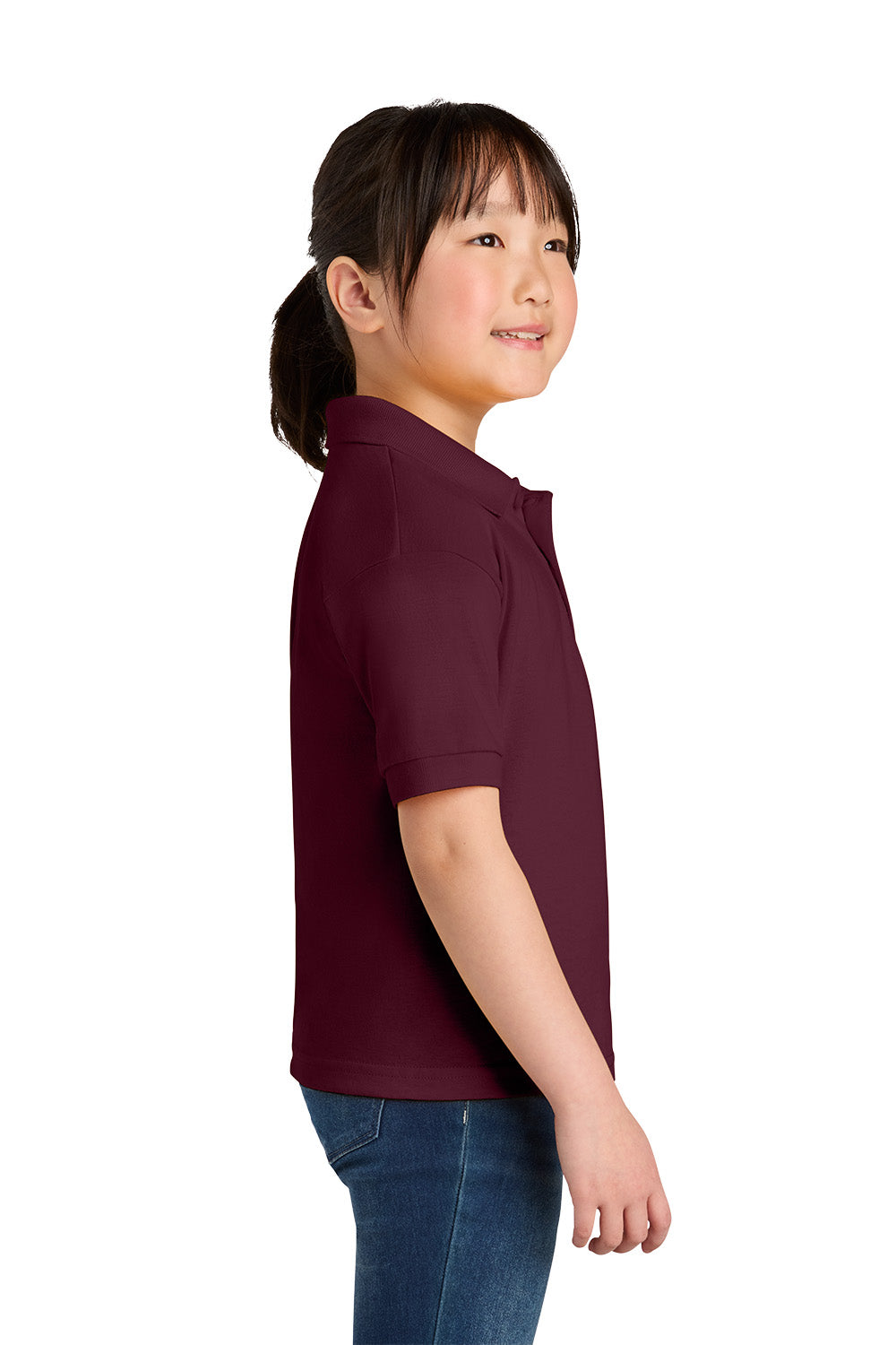 Gildan 8800B youth DryBlend school polo in Maroon – model side view