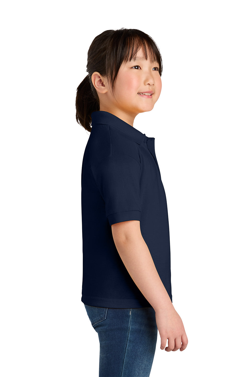 Gildan 8800B youth DryBlend school polo in Navy – model side view