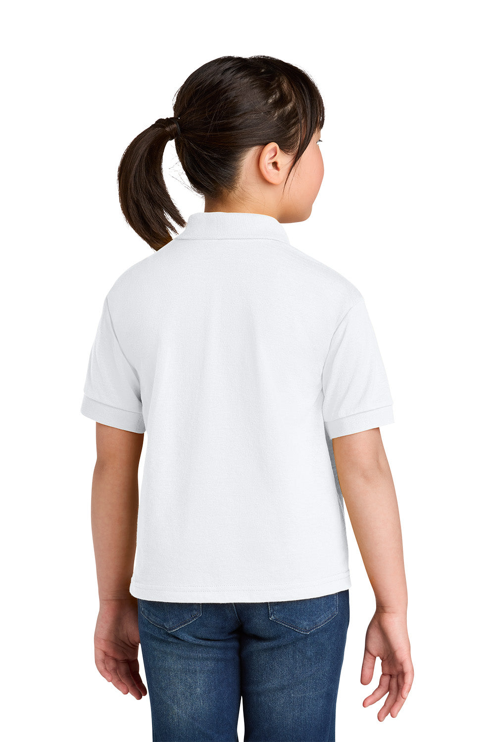 Gildan 8800B youth DryBlend school polo in White – model back view