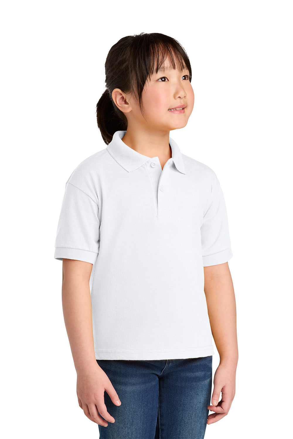 Gildan 8800B youth DryBlend school polo in White – model front view