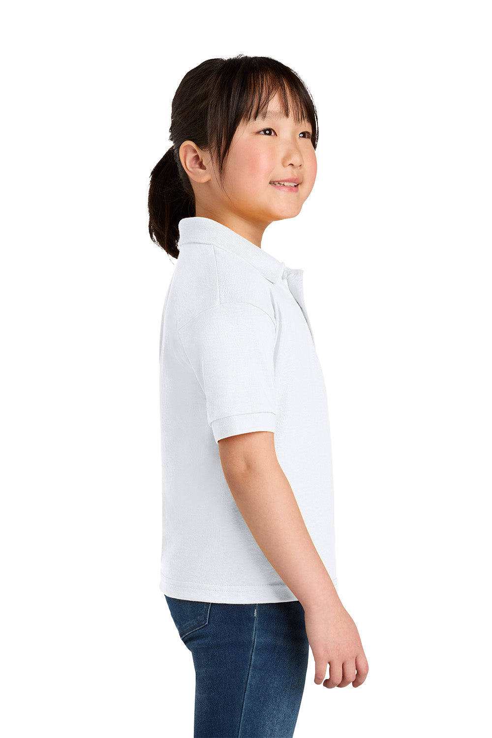 Gildan 8800B youth DryBlend school polo in White – model side view