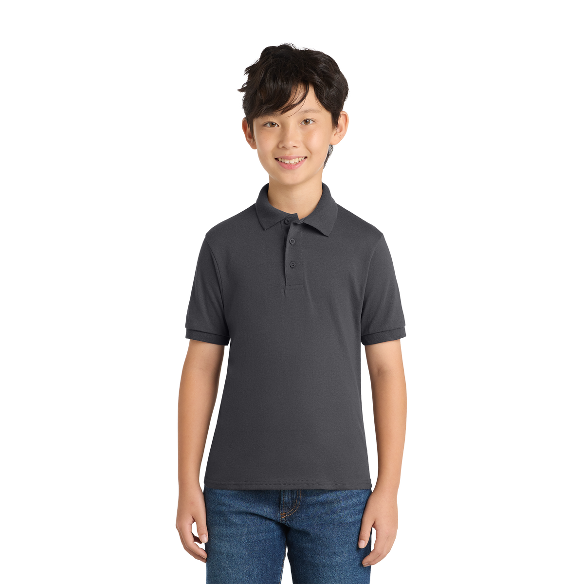 Port & Co KP55Y youth school polo in Charcoal – model front view