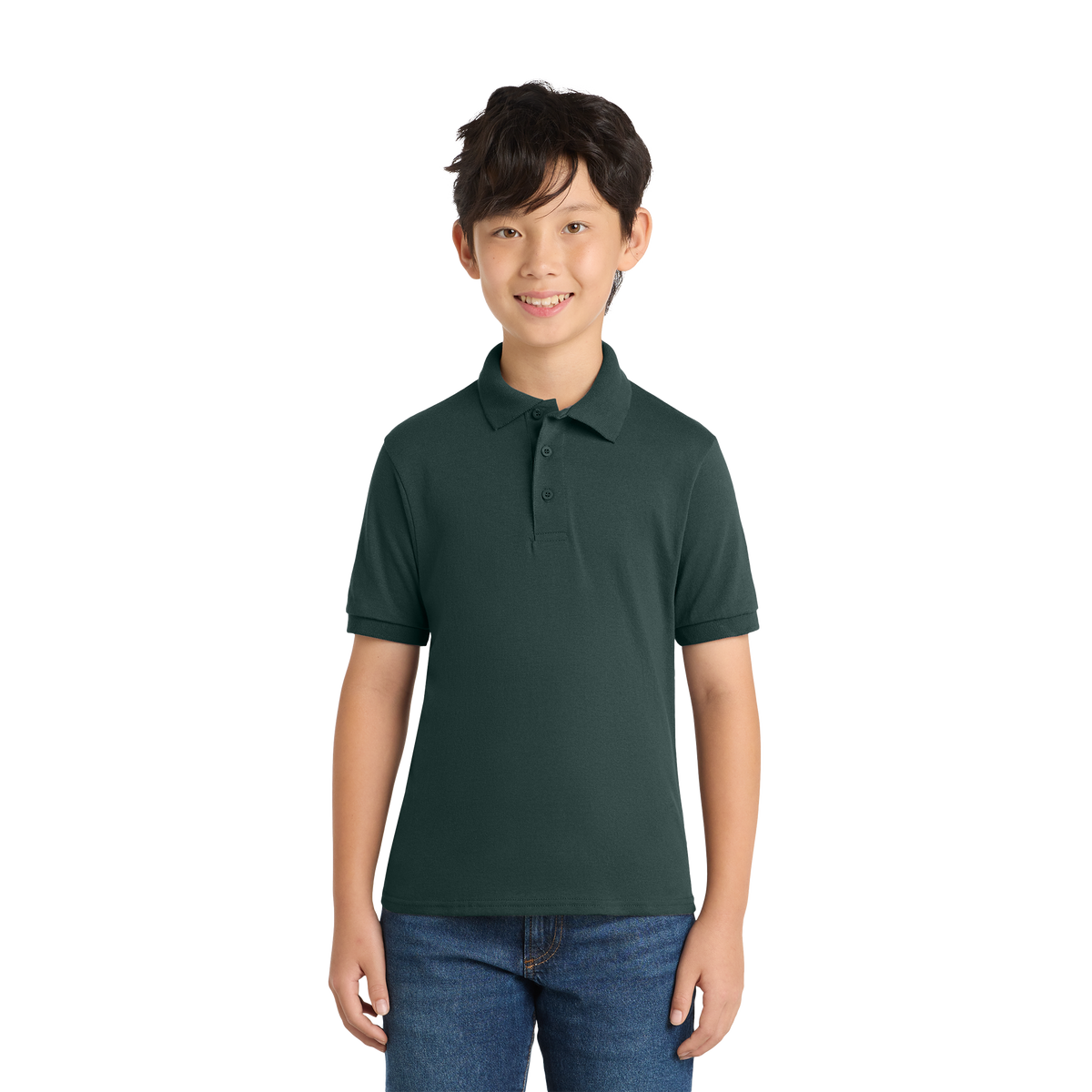 Port & Co KP55Y youth school polo in Dark Green – model front view