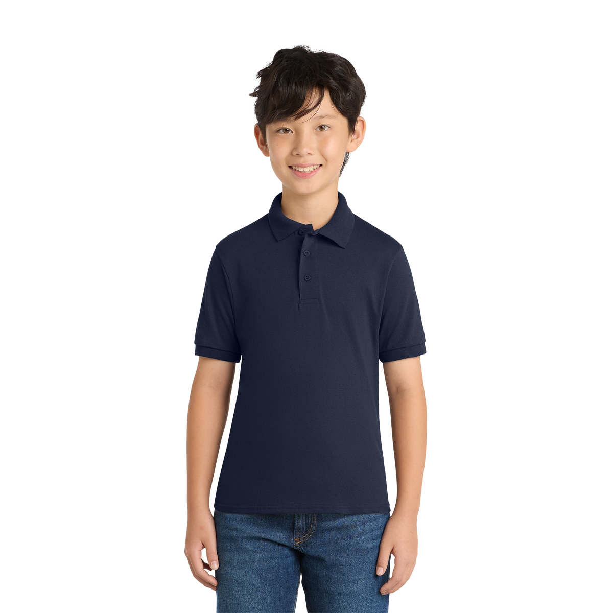 Port & Co KP55Y youth school polo in Deep Navy – model front view