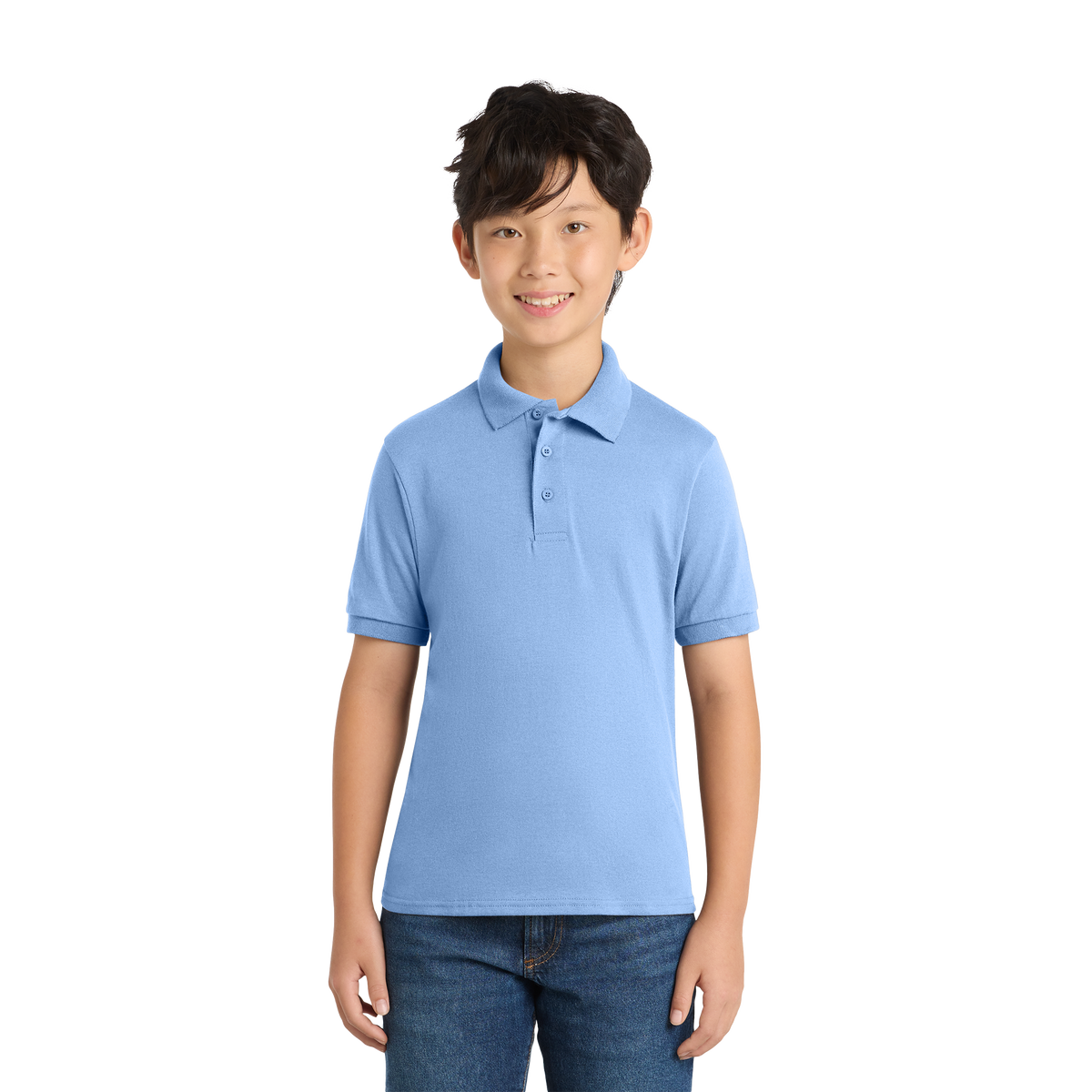 Port & Co KP55Y youth school polo in Light Blue – model front view
