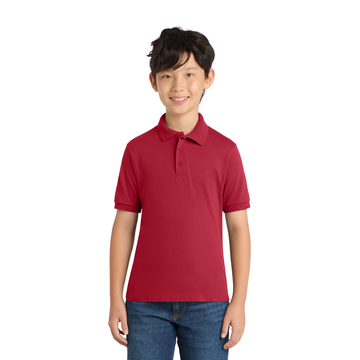 Port & Co KP55Y youth school polo in Red – model front view