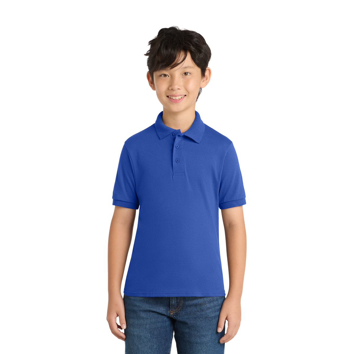 Port & Co KP55Y youth school polo in Royal – model front view