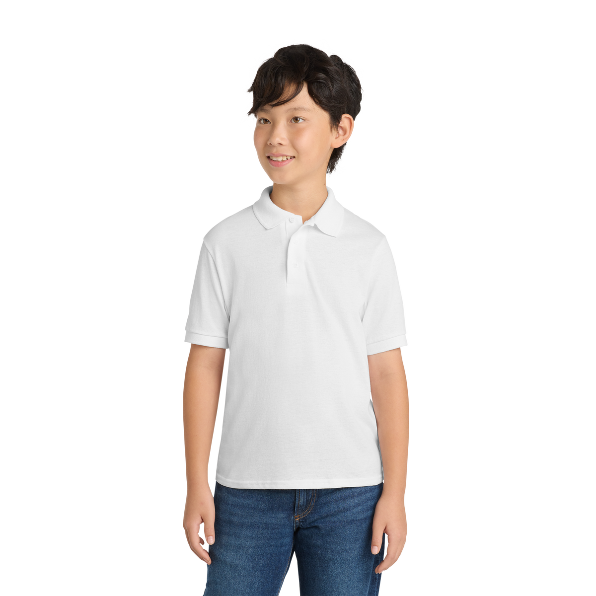 Port & Co KP55Y youth school polo in White – model front view