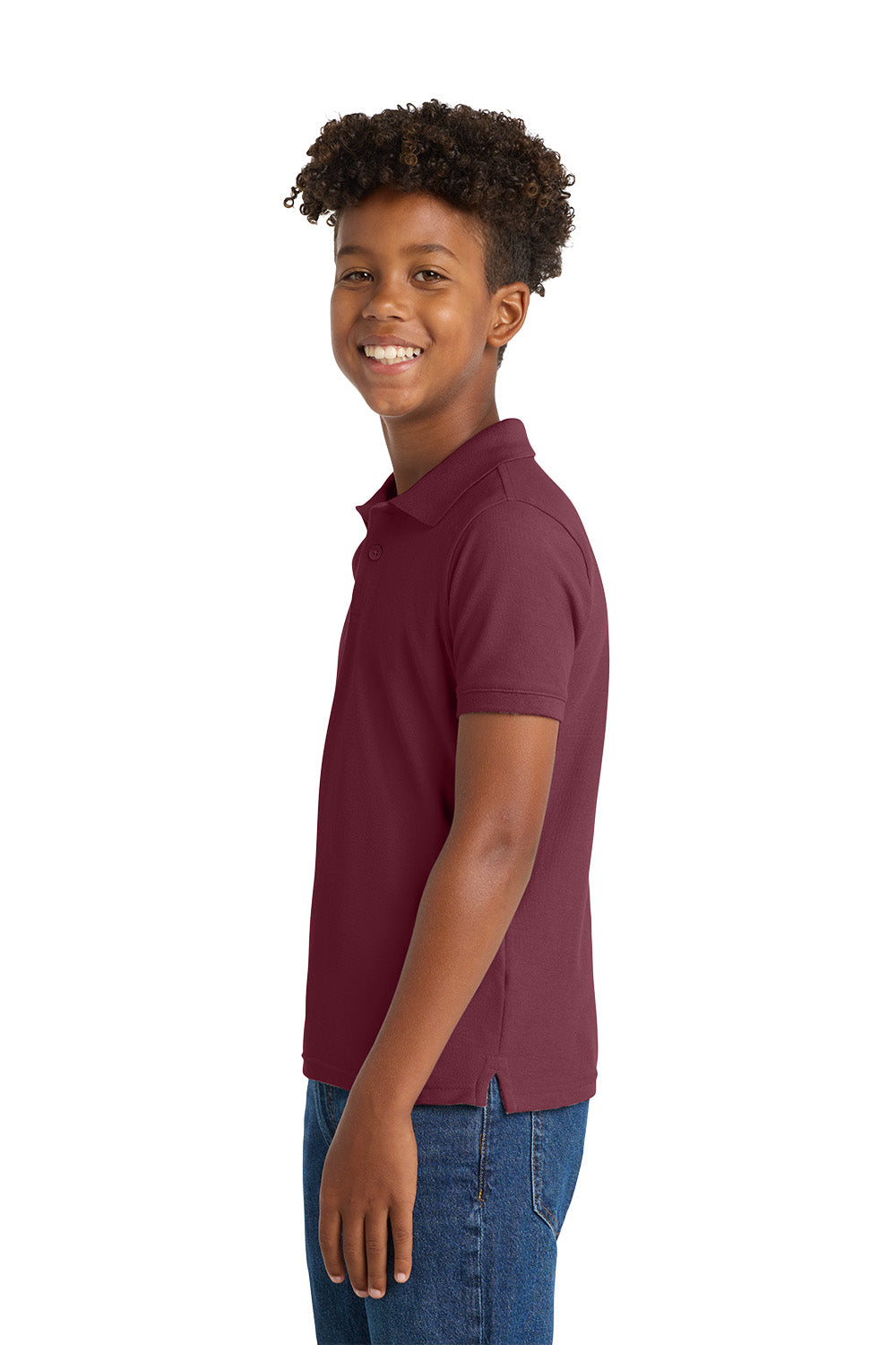 Port Authority Y100 youth school polo in Burgundy – model side view