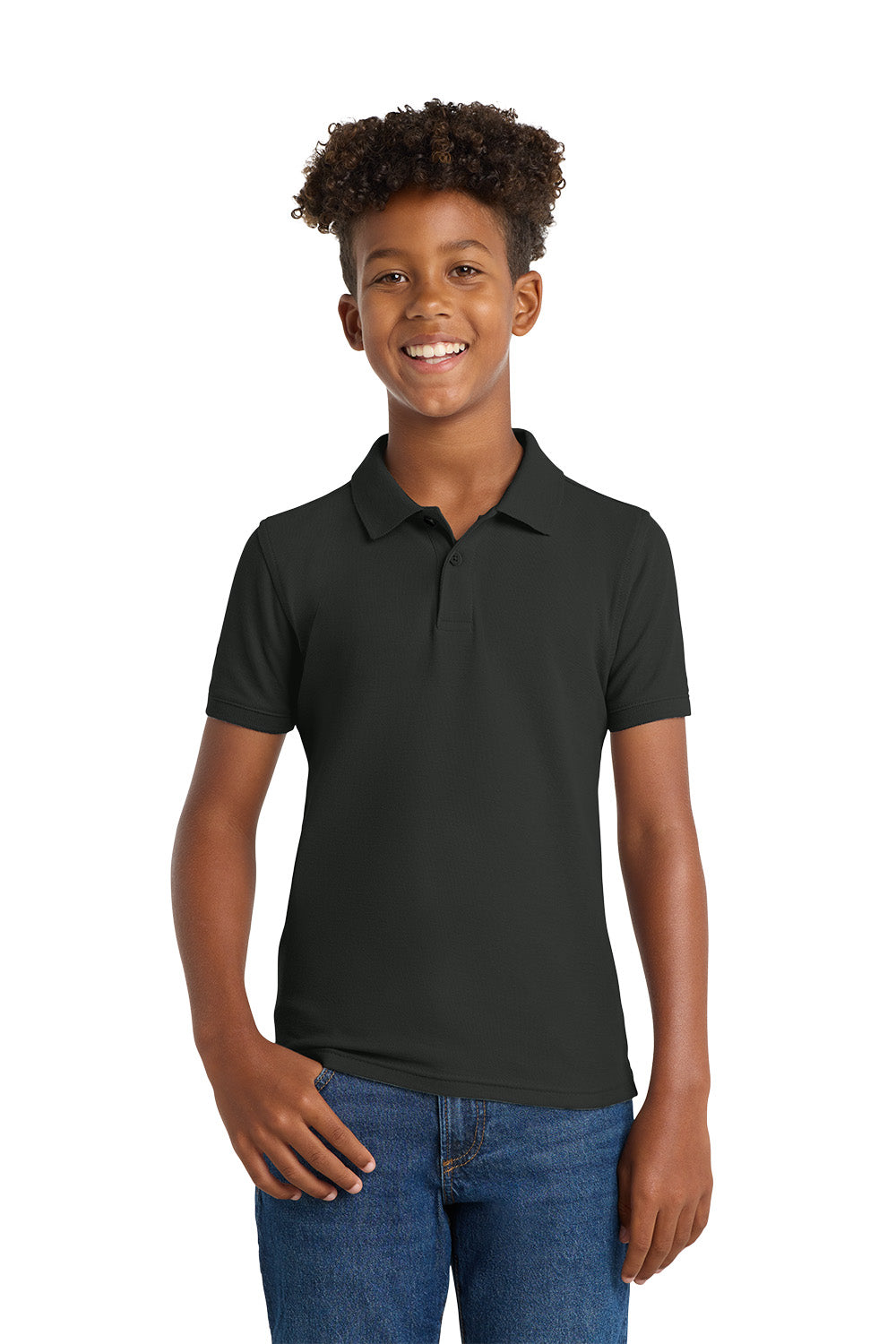 Port Authority Y100 youth school polo in Deep Black – model front view