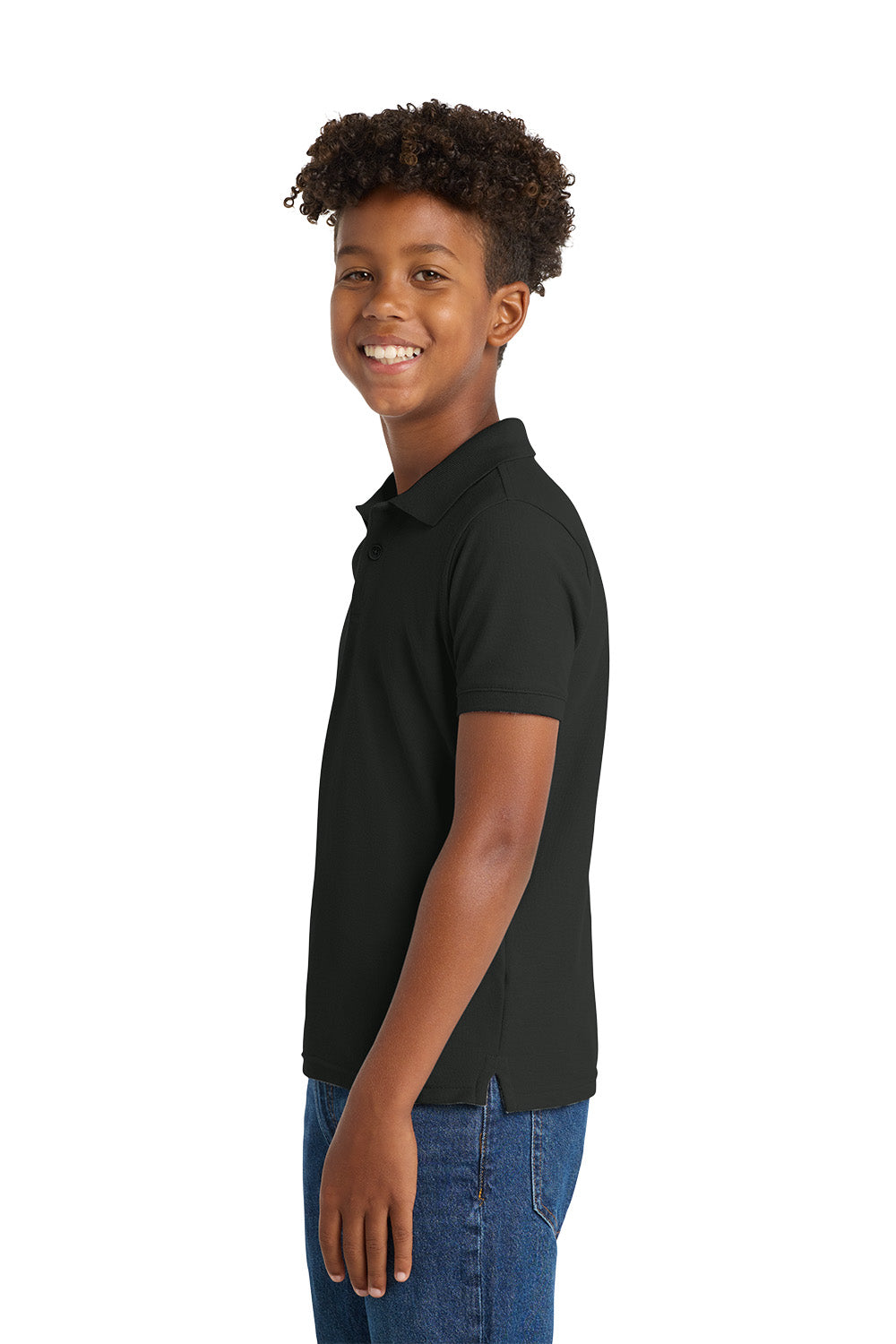 Port Authority Y100 youth school polo in Deep Black – model side view