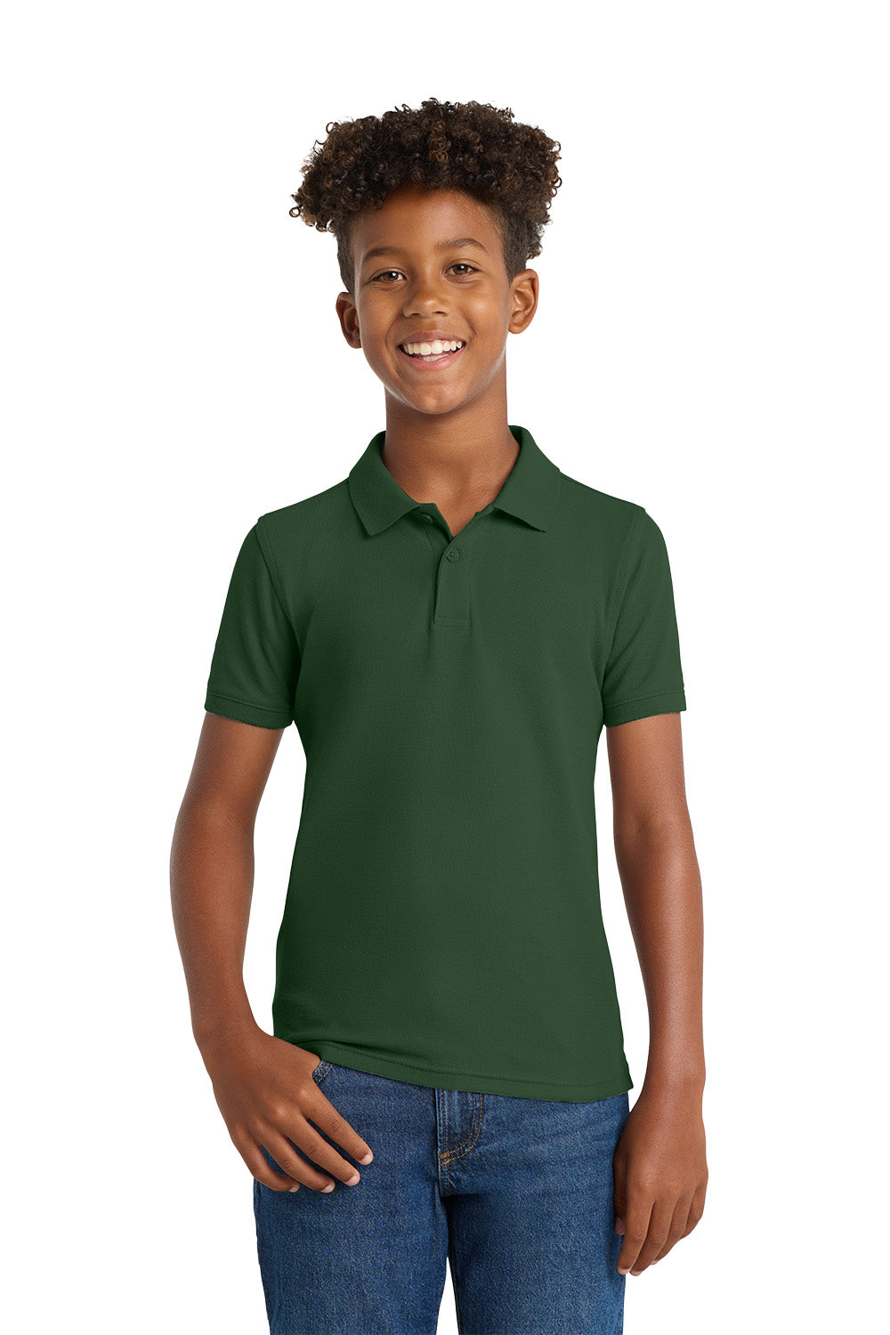Port Authority Y100 youth school polo in Deep Forest Green – model front view