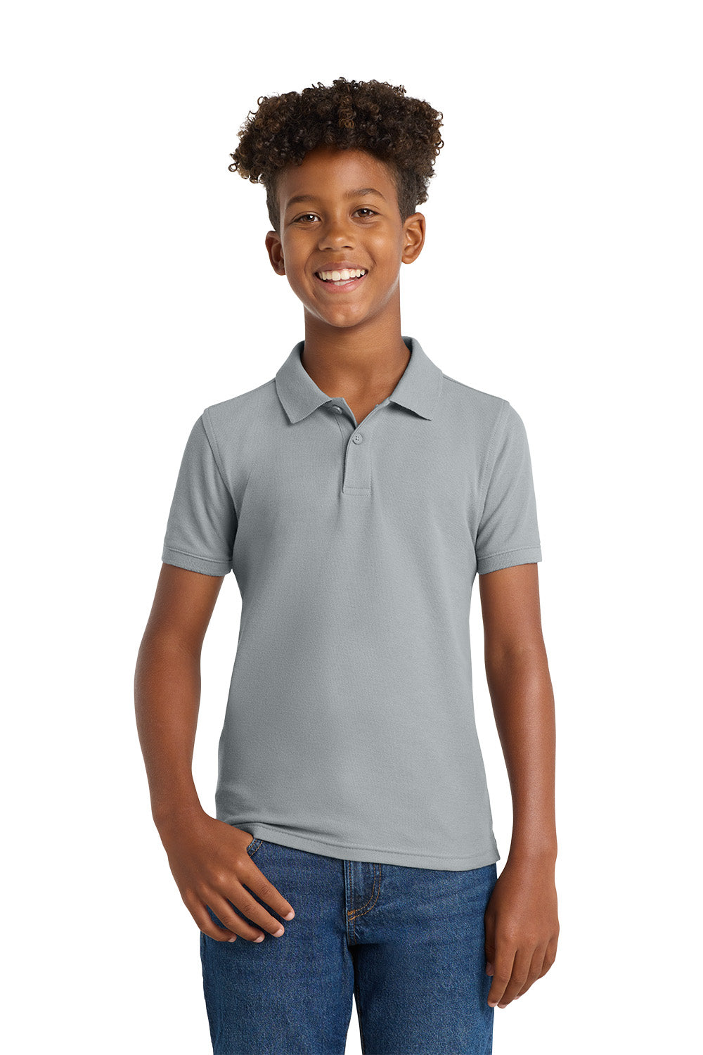 Port Authority Y100 youth school polo in Gusty Grey – model front view
