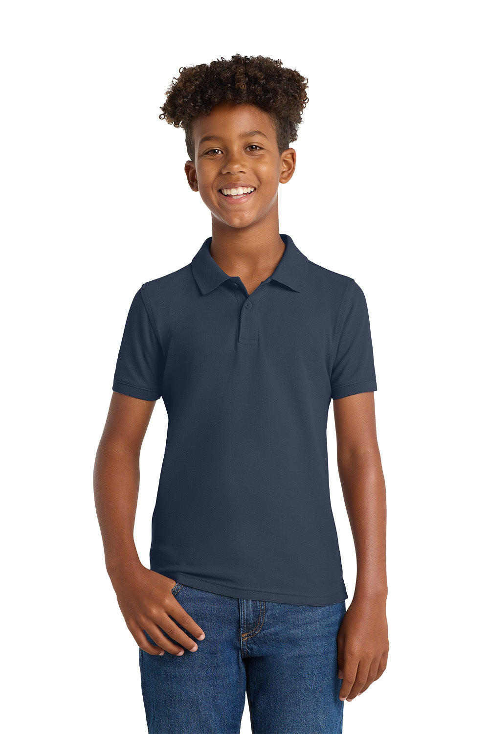 Port Authority Y100 youth school polo in River Blue Navy – model front view