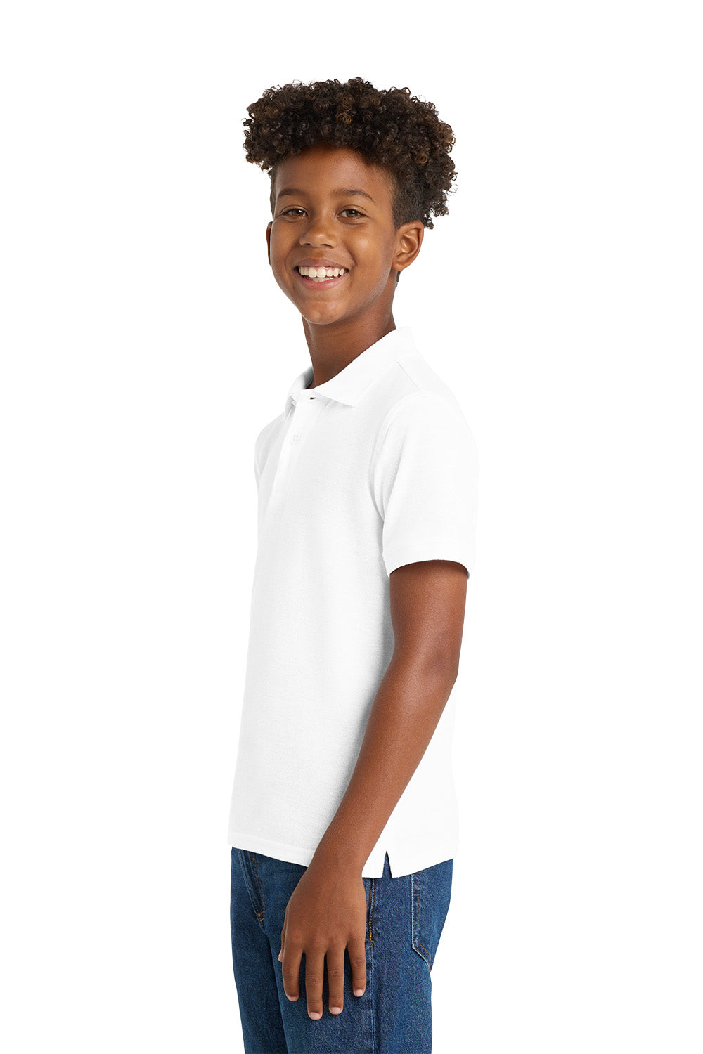 Port Authority Y100 youth school polo in White – model side view
