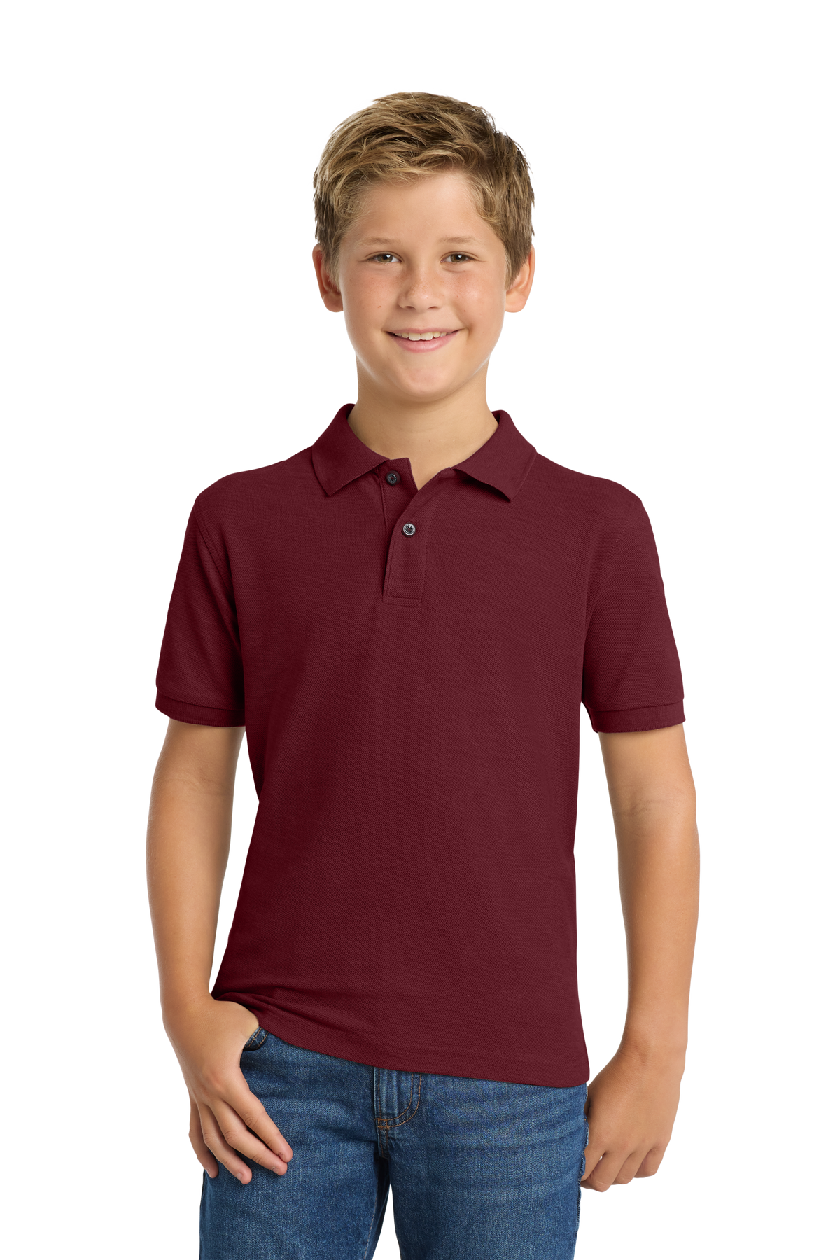 Port Authority Y500 youth school polo in Burgundy – model front view