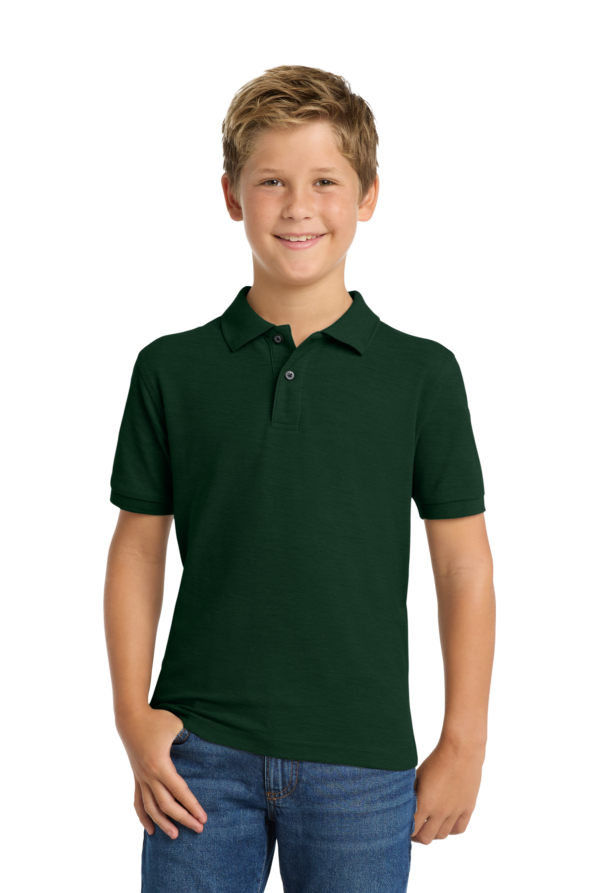 Port Authority Y500 youth school polo in Dark Green – model front view
