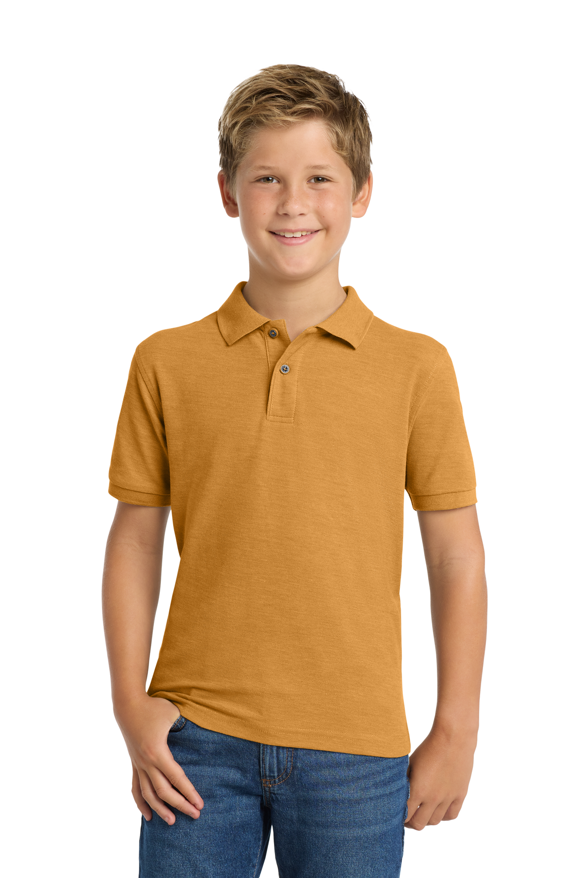 Port Authority Y500 youth school polo in Gold – model front view