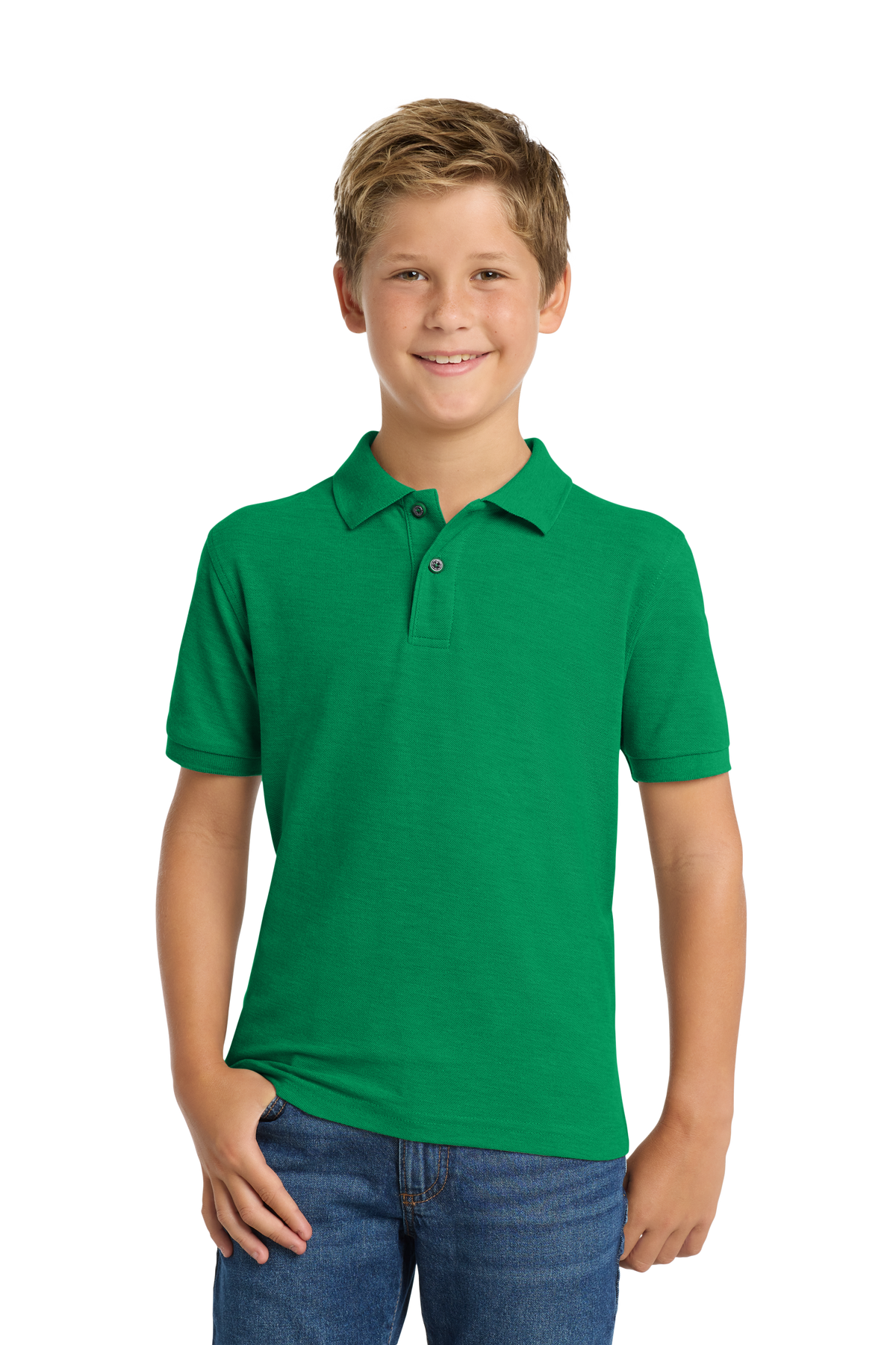 Port Authority Y500 youth school polo in Kelly Green – model front view