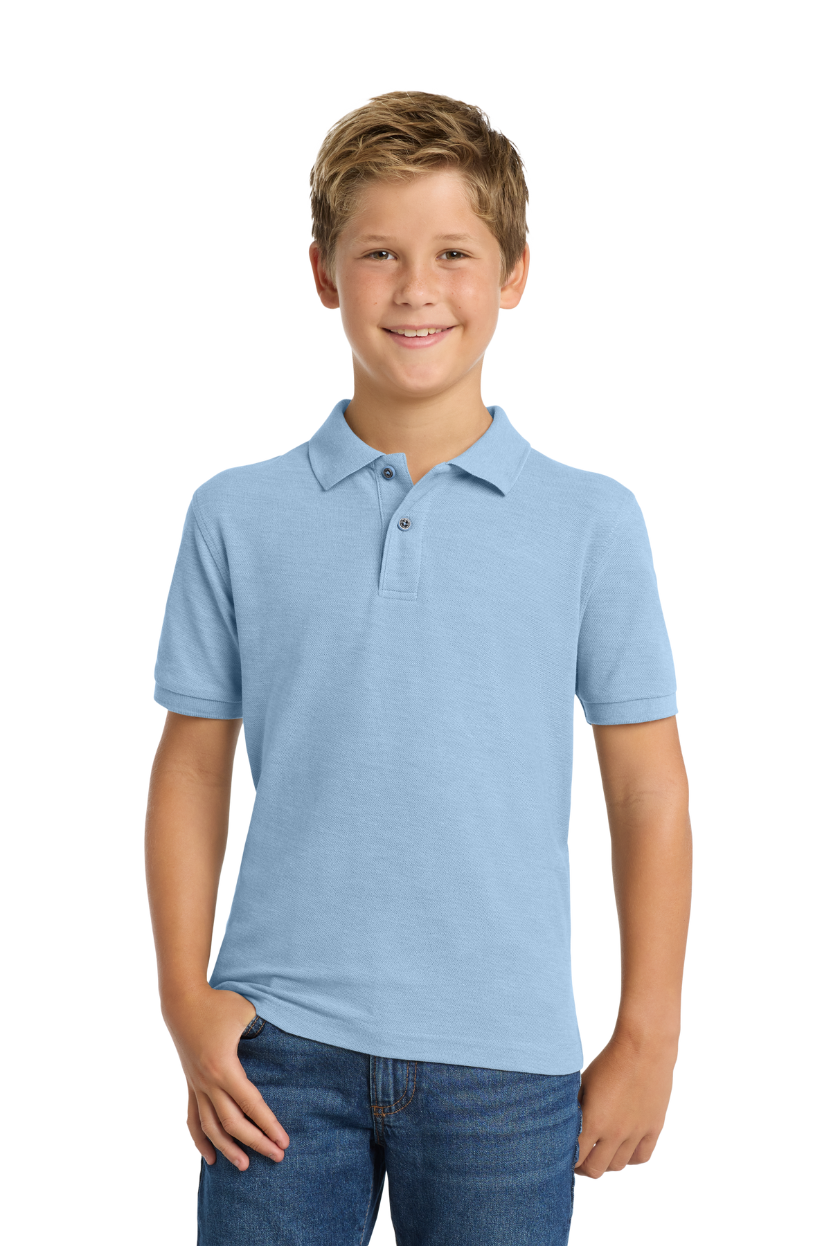 Port Authority Y500 youth school polo in Light Blue – model front view