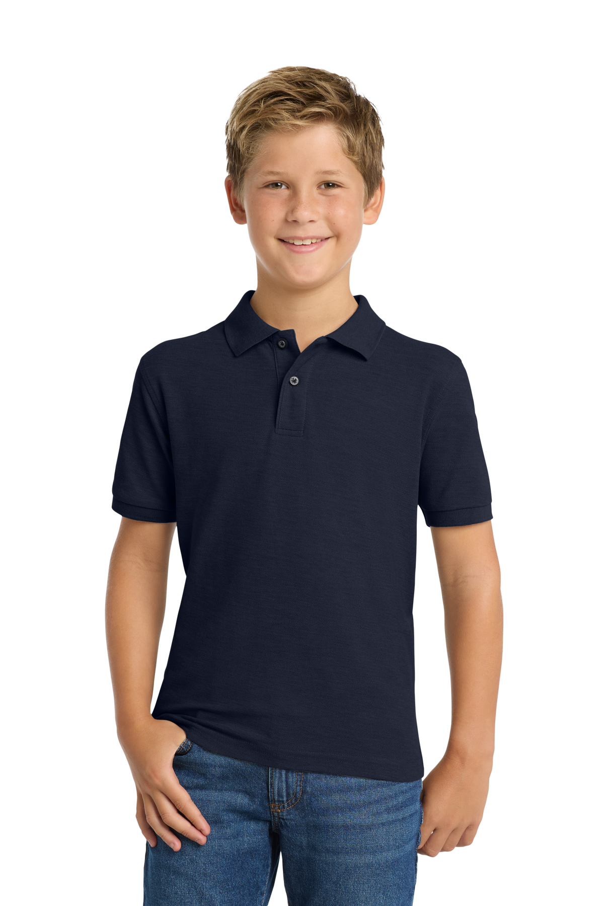 Port Authority Y500 youth school polo in Navy – model front view