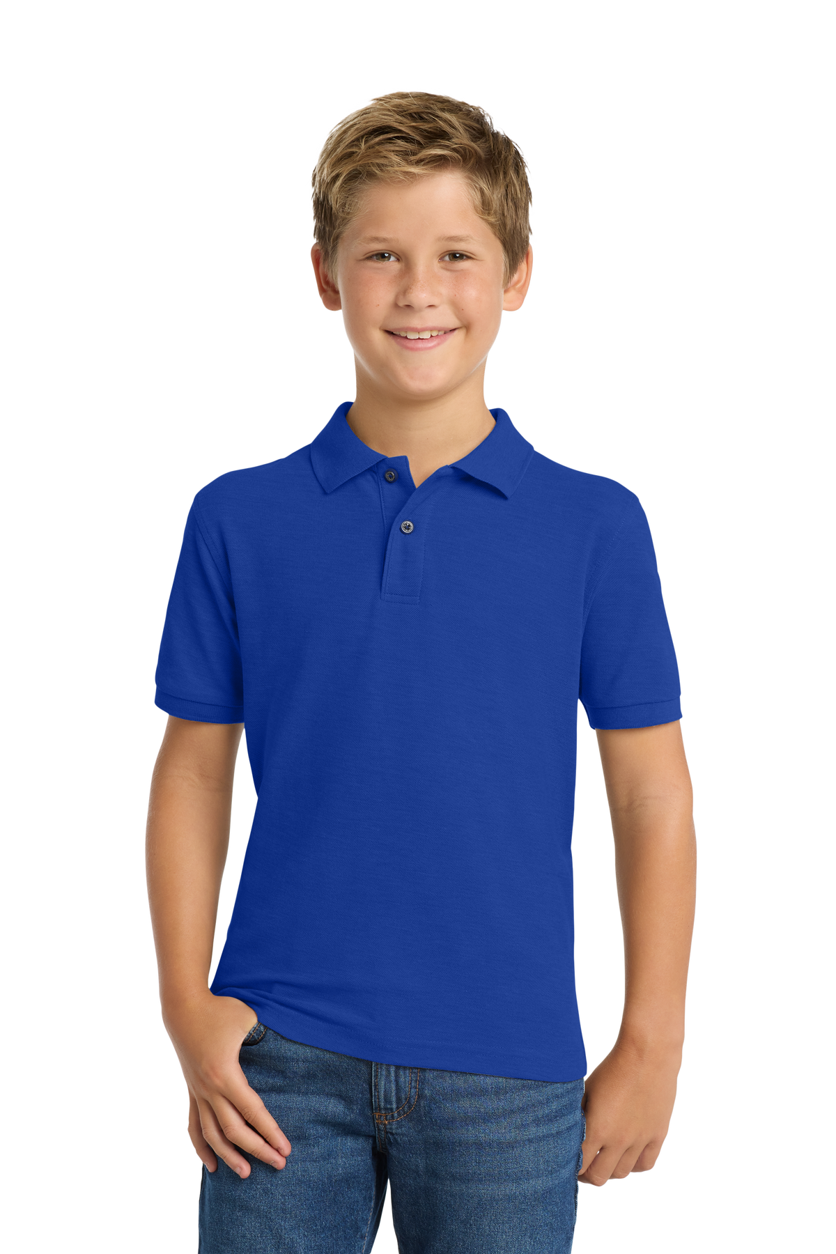 Port Authority Y500 youth school polo in Royal – model front view