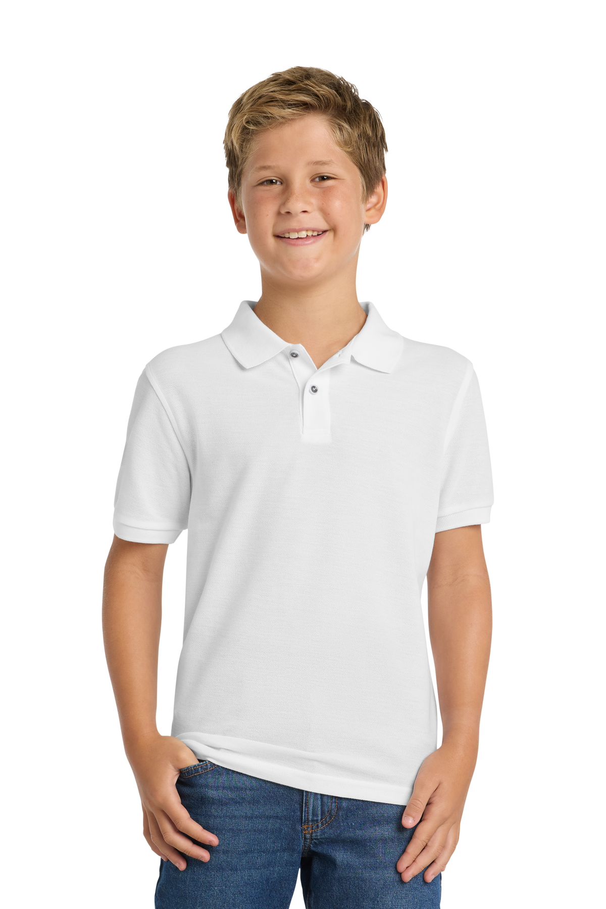 Port Authority Y500 youth school polo in White – model front view
