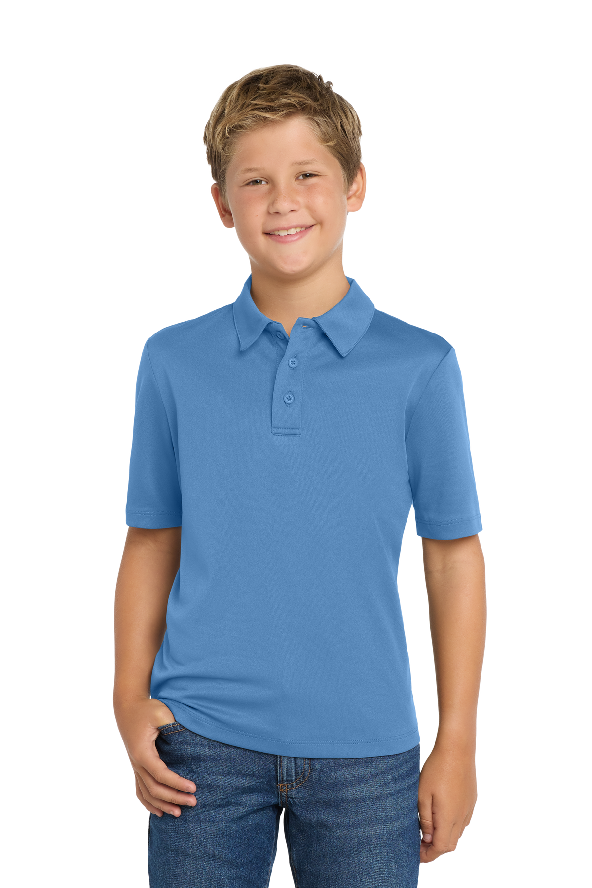 Port Authority Y540 youth performance school polo in Carolina Blue – model front view