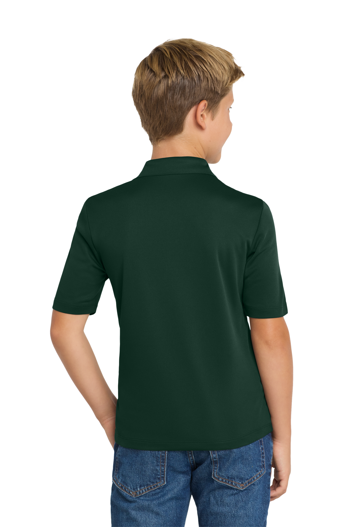 Port Authority Y540 youth performance school polo in Dark Green – model back view