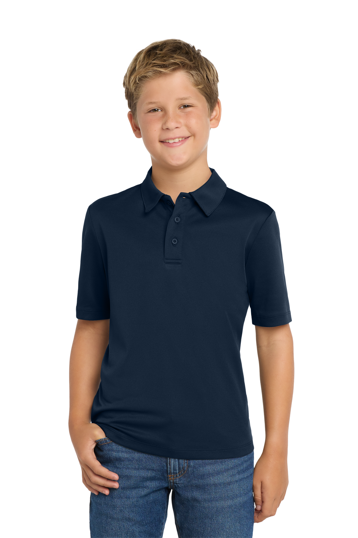 Port Authority Y540 youth performance school polo in Navy – model front view