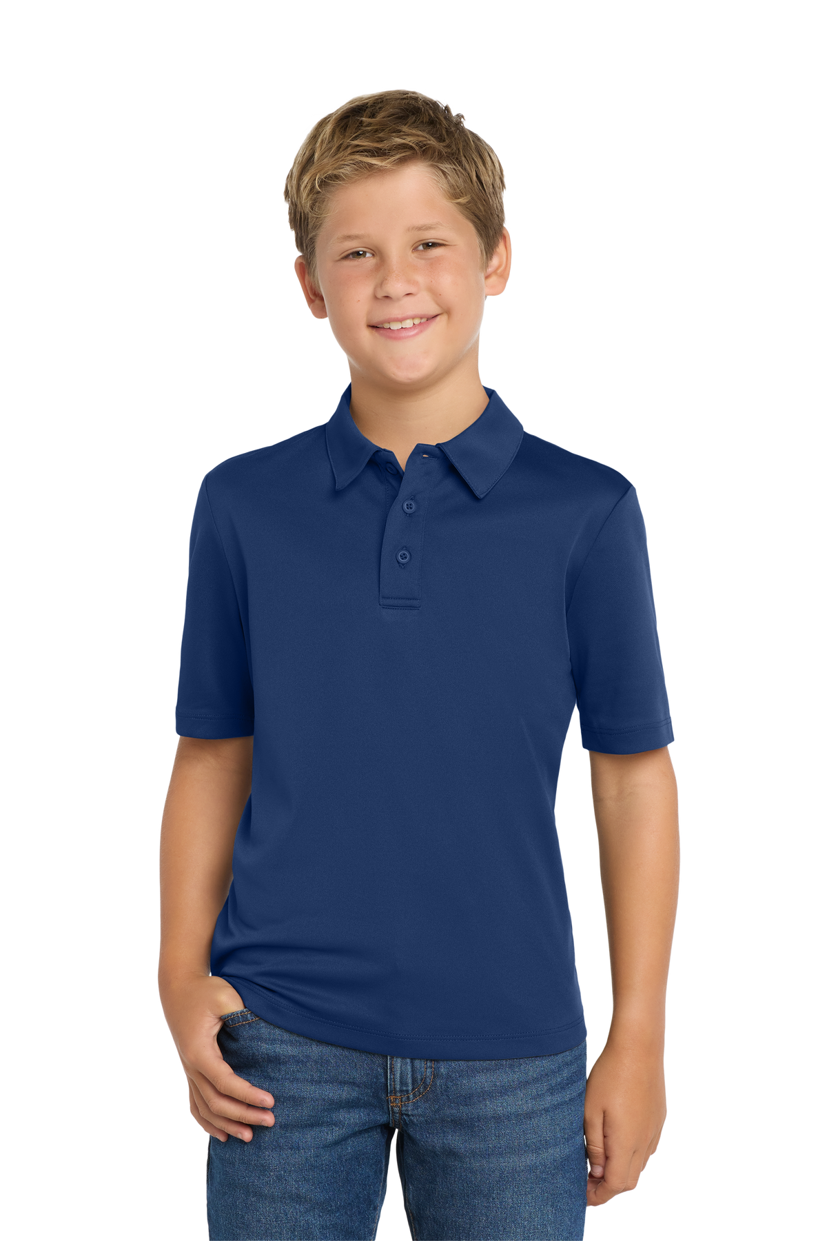 Port Authority Y540 youth performance school polo in Royal – model front view