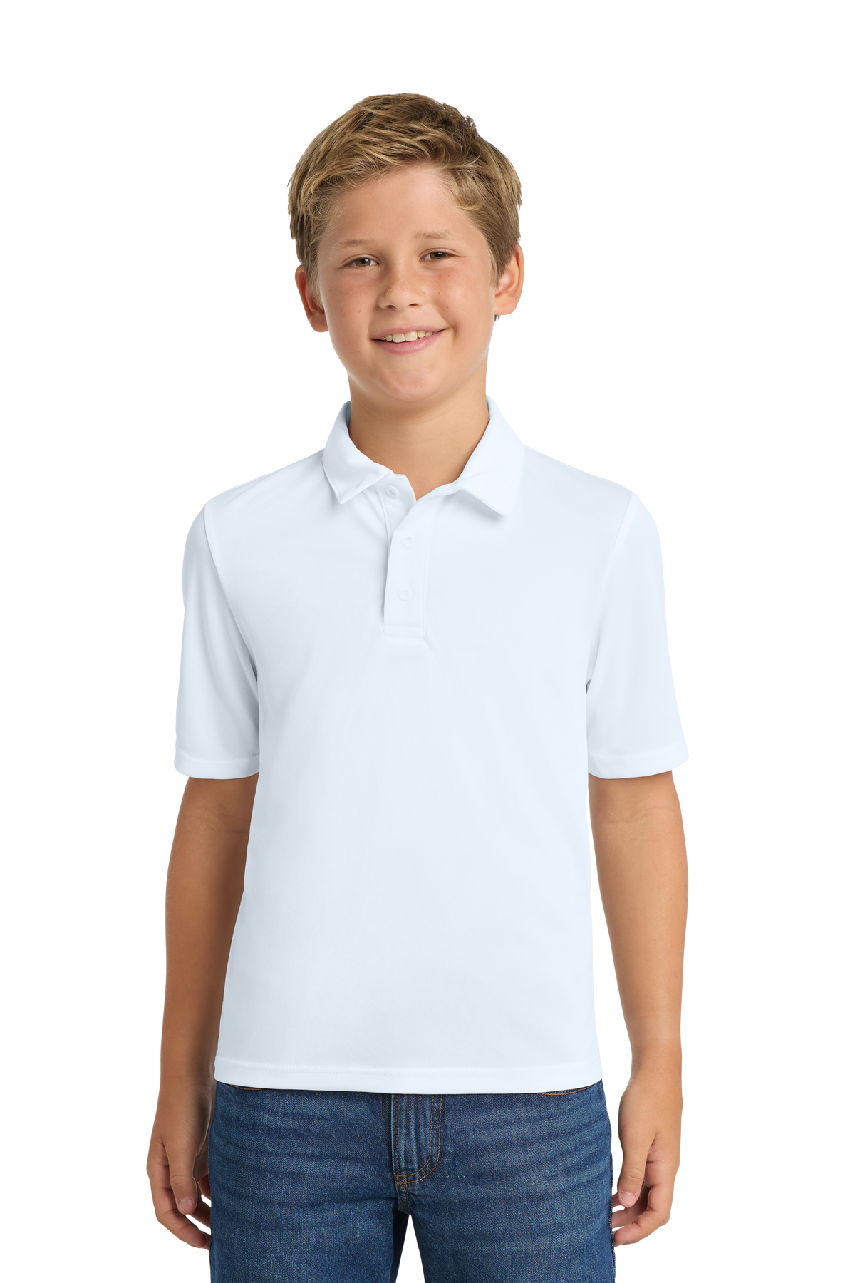 Port Authority Y540 youth performance school polo in White – model front view
