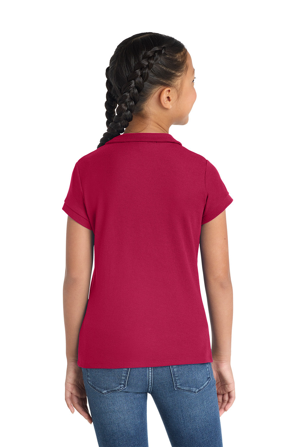 Port Authority YG503 girls Peter Pan collar school polo in Red – model back view