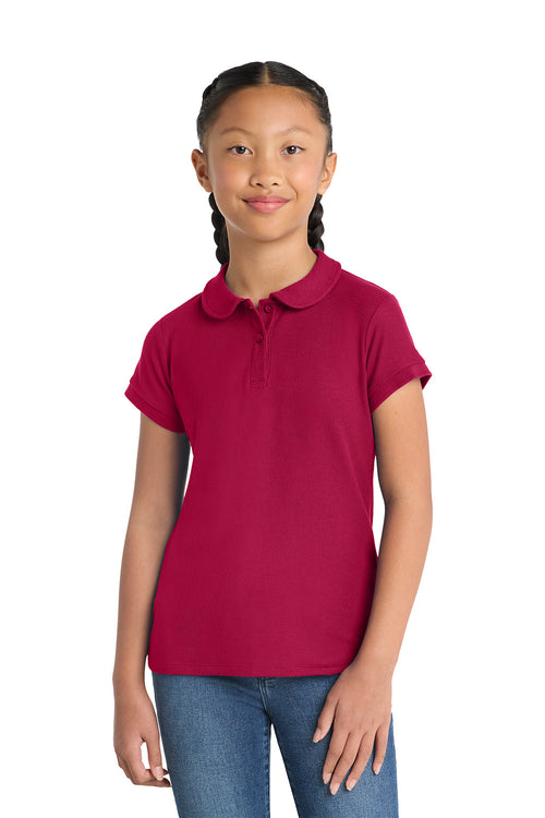 Port Authority YG503 girls Peter Pan collar school polo in Red – model front view