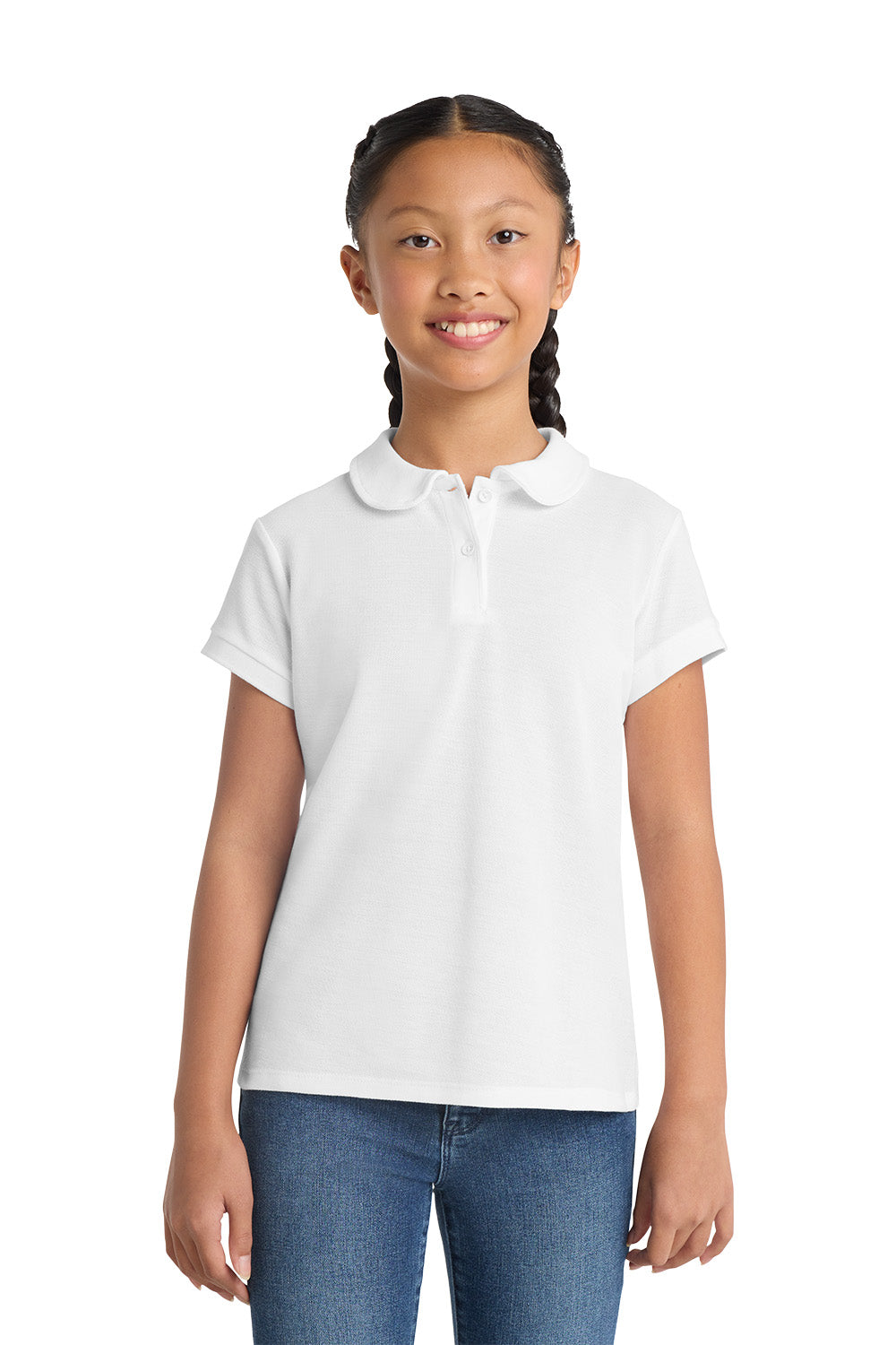 Port Authority YG503 girls Peter Pan collar school polo in White – model front view