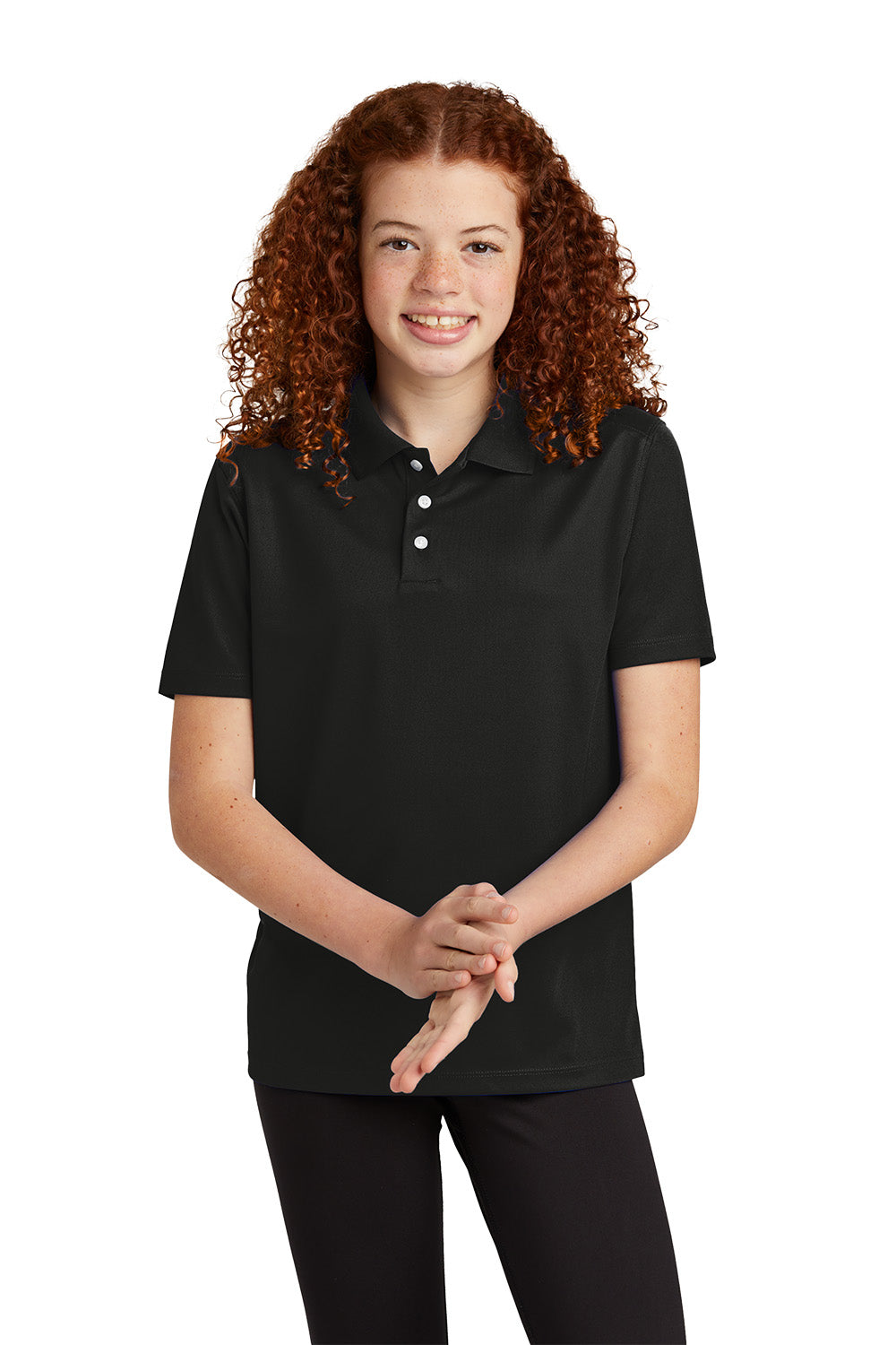 Sport-Tek YST740 youth UV performance school polo in Black – model front view