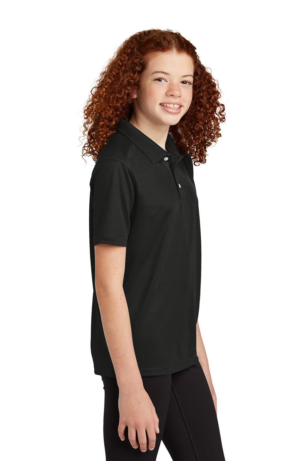 Sport-Tek YST740 youth UV performance school polo in Black – model side view