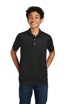 Sport-Tek YST740 youth UV performance school polo in Black – alternate model front view