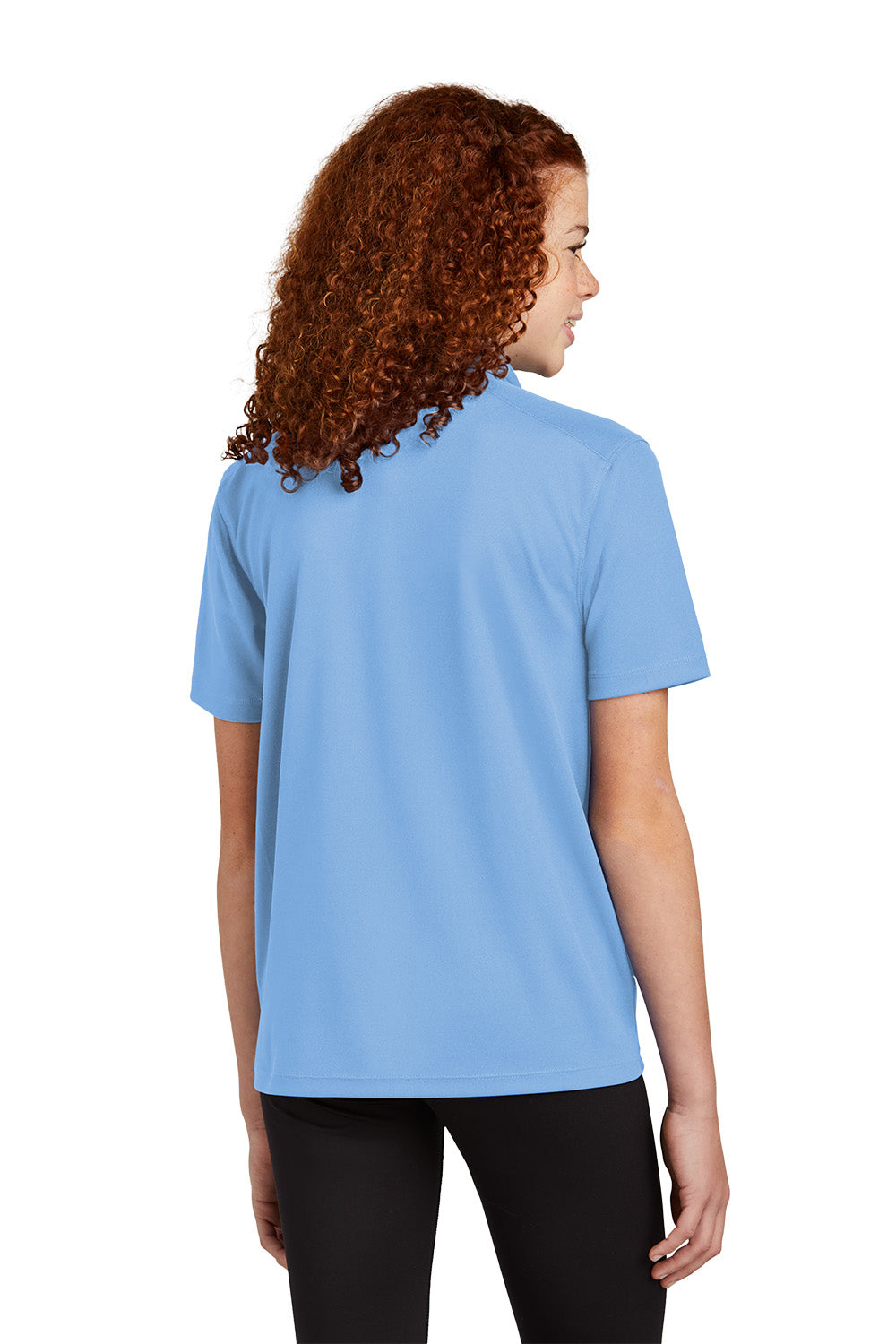 Sport-Tek YST740 youth UV performance school polo in Carolina Blue – model back view