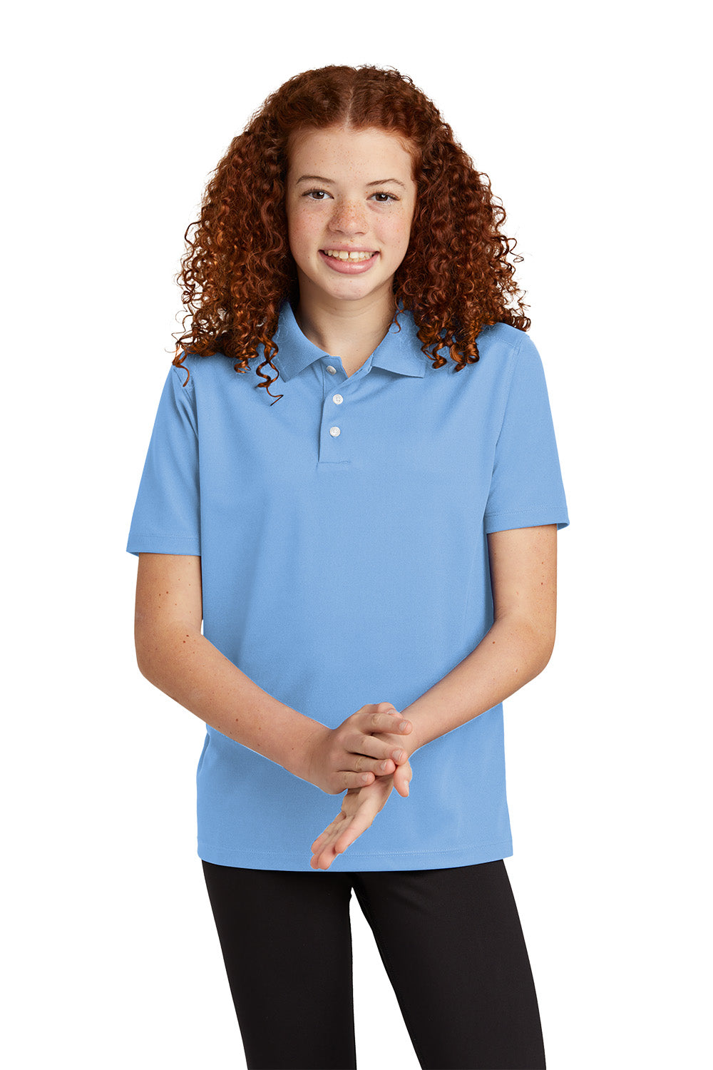 Sport-Tek YST740 youth UV performance school polo in Carolina Blue – model front view