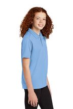 Sport-Tek YST740 youth UV performance school polo in Carolina Blue – model side view