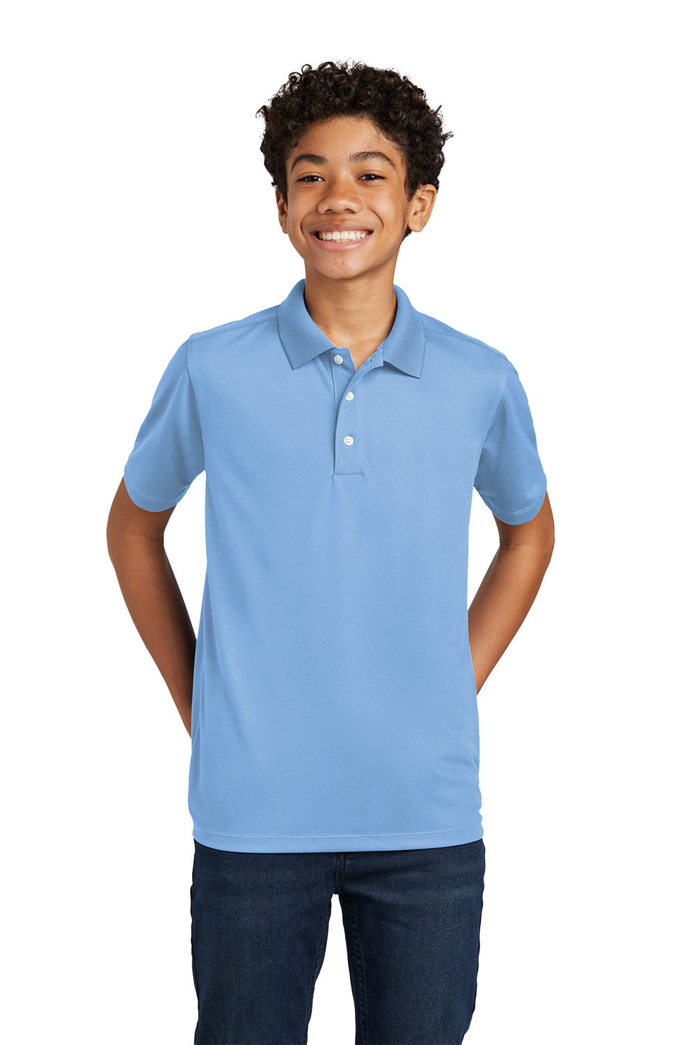 Sport-Tek YST740 youth UV performance school polo in Carolina Blue – alternate model front view